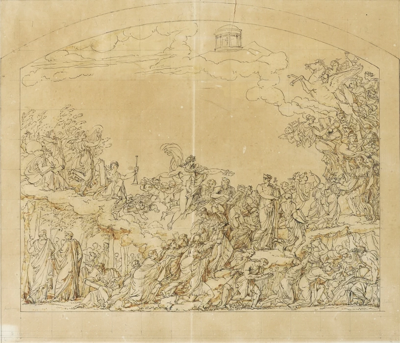 Apollo e le muse attraversano gli Champs Elysées, distribuendo corone di fiori e salgono al tempio della memoria - disegno, Musee reattu, Arles